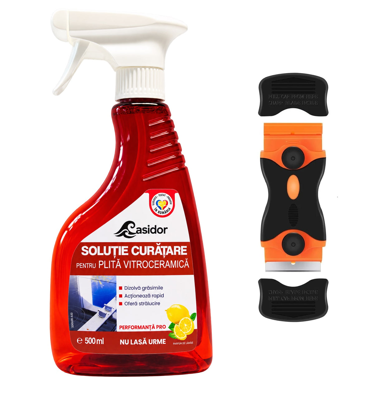 Set curățare plită vitroceramică Casidor: 2 soluții 500 ml și racletă cu lame de rezervă