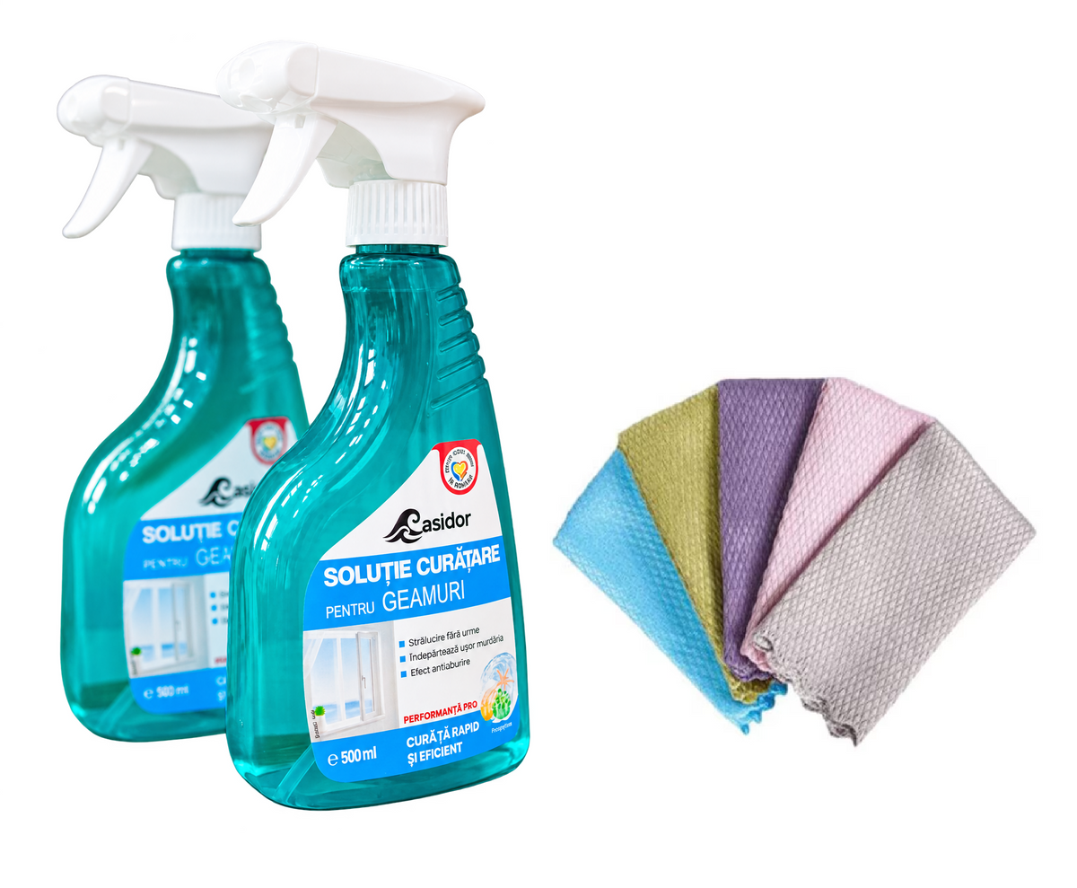 Set curățare geamuri Casidor: 2 soluții de 500 ml și 5 lavete din microfibră