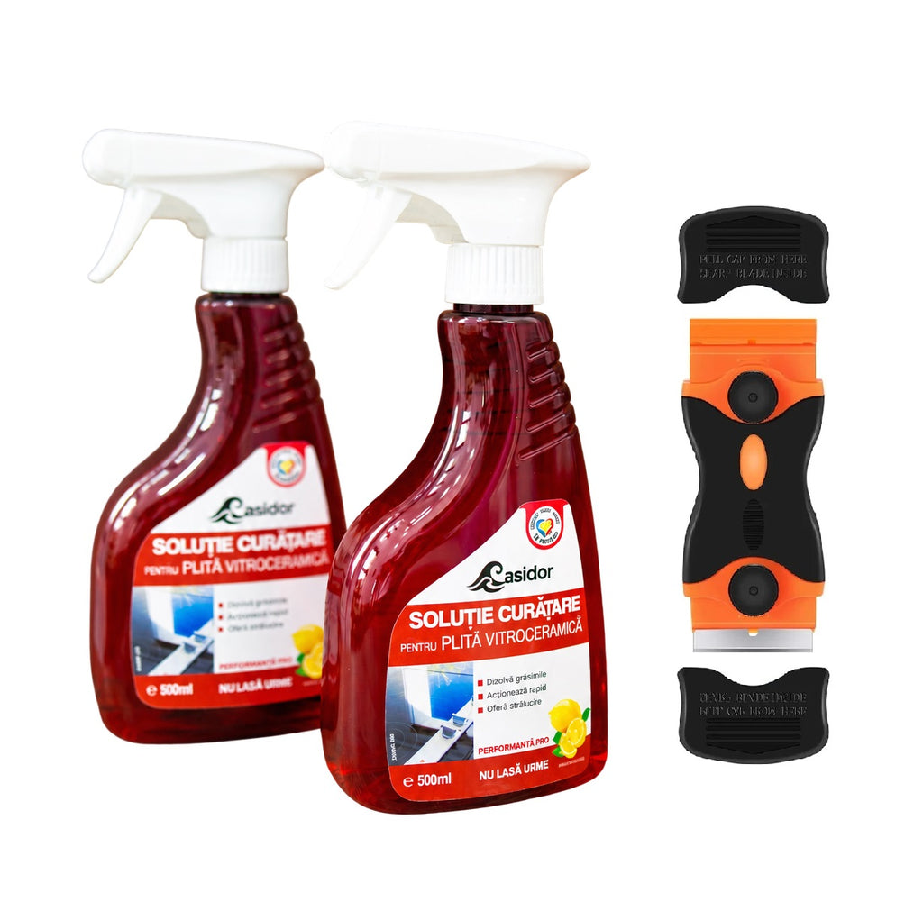 Set curățare plită vitroceramică Casidor: 2 soluții 500 ml și racletă cu lame de rezervă