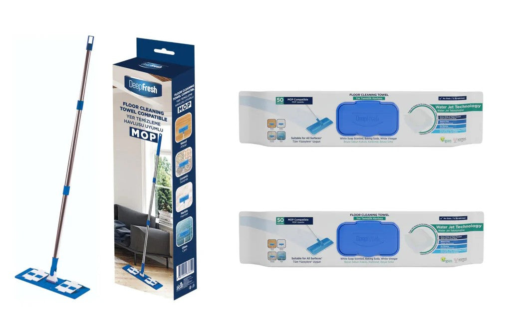 Set Curatare Pardoseli DeepFresh: Mop + 2 Pachete Servetele Mop cu Otet si Bicarbonat, Sapun alb
