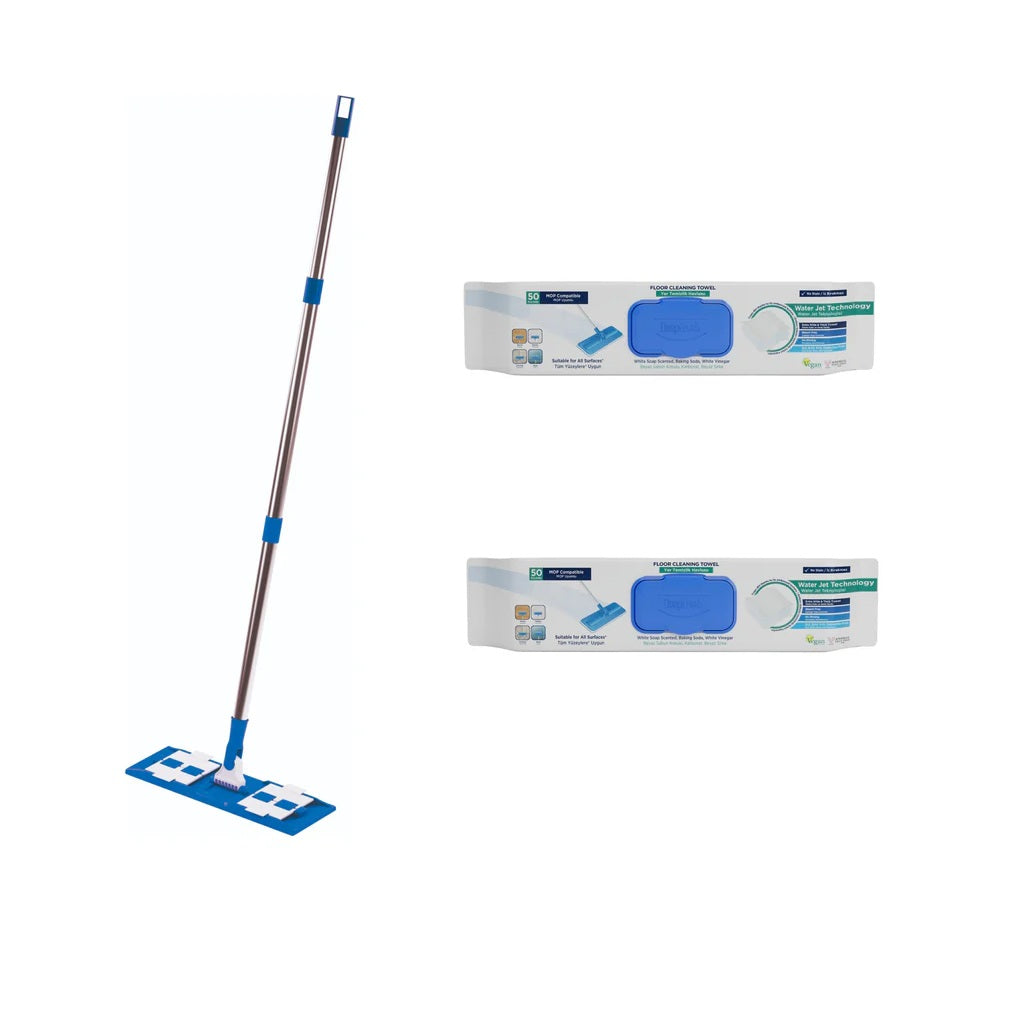 Set Curatare Pardoseli DeepFresh: Mop + 2 Pachete Servetele Mop cu Otet si Bicarbonat, Sapun alb
