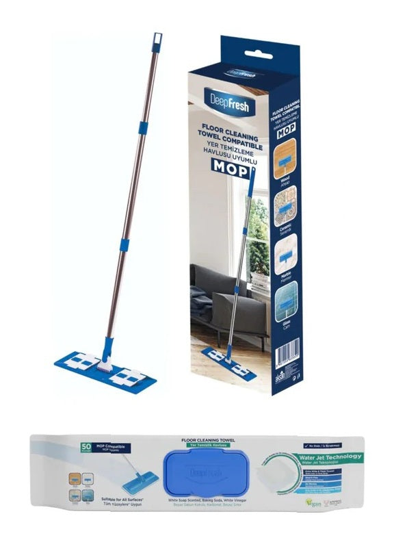 Set Curatare Pardoseli DeepFresh: Mop + 1 Pachet Servetele Mop cu Otet si Bicarbonat, Sapun Alb