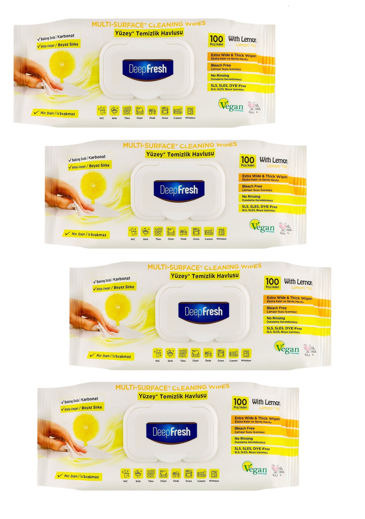 Pachet Servetele Umede Multisuprafete cu Bicarbonat si Otet Deep Fresh Lamaie 4x100buc